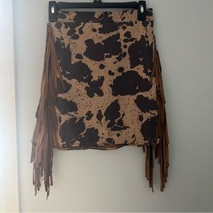 Cow Print Mini Skirt with Fringe - size: small *NEVER WORN
